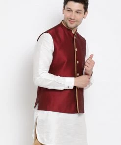 VASTRAMAY Men's Maroon Cotton Silk Blend Ethnic Jacket Nehru Jacket