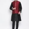 Vastramay Men's Black Cotton Silk Blend Kurta, Ethnic Jacket And Pyjama Set