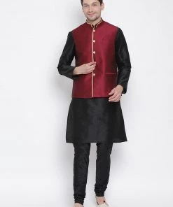 Vastramay Men's Black Cotton Silk Blend Kurta, Ethnic Jacket And Pyjama Set