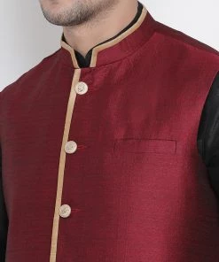 Vastramay Men's Black Cotton Silk Blend Kurta, Ethnic Jacket And Pyjama Set