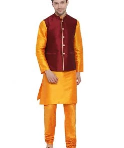 Vastramay Kurta Sets Men's Orange Cotton Silk Blend Kurta, Ethnic Jacket And Pyjama Set