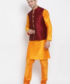Vastramay Kurta Sets Men's Orange Cotton Silk Blend Kurta, Ethnic Jacket And Pyjama Set