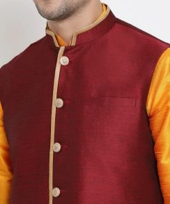 Vastramay Kurta Sets Men's Orange Cotton Silk Blend Kurta, Ethnic Jacket And Pyjama Set