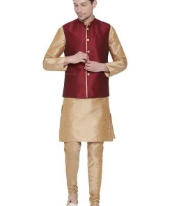 Vastramay Kurta Sets Men's Gold Cotton Silk Blend Kurta, Ethnic Jacket And Pyjama Set