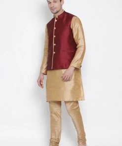 Vastramay Kurta Sets Men's Gold Cotton Silk Blend Kurta, Ethnic Jacket And Pyjama Set