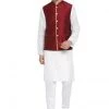 Vastramay Men's White Cotton Silk Blend Kurta, Ethnic Jacket And Pyjama Set