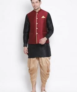 Vastramay Kurta Sets Men's Black Cotton Silk Blend Ethnic Jacket, Kurta And Dhoti Pant Set