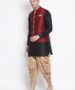 Vastramay Kurta Sets Men's Black Cotton Silk Blend Ethnic Jacket, Kurta And Dhoti Pant Set