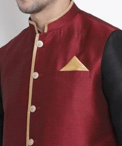 Vastramay Kurta Sets Men's Black Cotton Silk Blend Ethnic Jacket, Kurta And Dhoti Pant Set