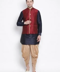 Vastramay Kurta Sets Men's Dark Blue Cotton Silk Blend Ethnic Jacket, Kurta And Dhoti Pant Set