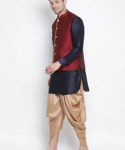Vastramay Kurta Sets Men's Dark Blue Cotton Silk Blend Ethnic Jacket, Kurta And Dhoti Pant Set