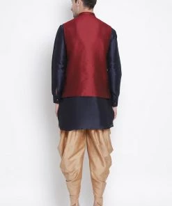 Vastramay Kurta Sets Men's Dark Blue Cotton Silk Blend Ethnic Jacket, Kurta And Dhoti Pant Set 11 Vastramay Kurta Sets Men's Dark Blue Cotton Silk Blend Ethnic Jacket, Kurta And Dhoti Pant Set