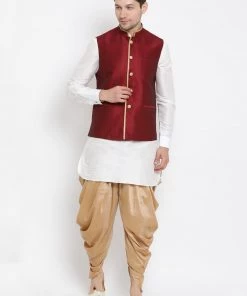 Vastramay Men's White Cotton Silk Blend Ethnic Jacket, Kurta And Dhoti Pant Set
