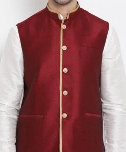 Vastramay Men's White Cotton Silk Blend Ethnic Jacket, Kurta And Dhoti Pant Set