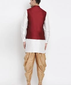 Vastramay Men's White Cotton Silk Blend Ethnic Jacket, Kurta And Dhoti Pant Set