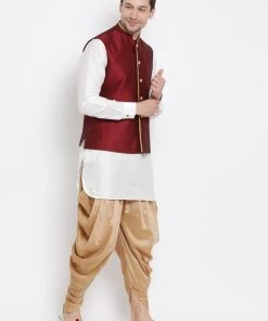 Vastramay Men's White Cotton Silk Blend Ethnic Jacket, Kurta And Dhoti Pant Set