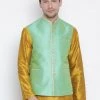 Vastramay Men's Light Green Cotton Silk Blend Nehru Jacket