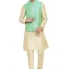 Vastramay Men's Cream Cotton Silk Blend Kurta, Nehru Jacket And Pyjama Set