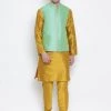 Vastramay Men's Yellow Cotton Silk Blend Kurta, Nehru Jacket And Pyjama Set