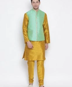 Vastramay Men's Yellow Cotton Silk Blend Kurta, Nehru Jacket And Pyjama Set