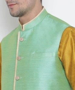 Vastramay Men's Yellow Cotton Silk Blend Kurta, Nehru Jacket And Pyjama Set