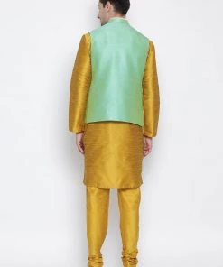Vastramay Men's Yellow Cotton Silk Blend Kurta, Nehru Jacket And Pyjama Set