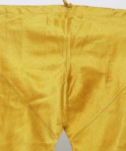 Vastramay Men's Yellow Cotton Silk Blend Kurta, Nehru Jacket And Pyjama Set