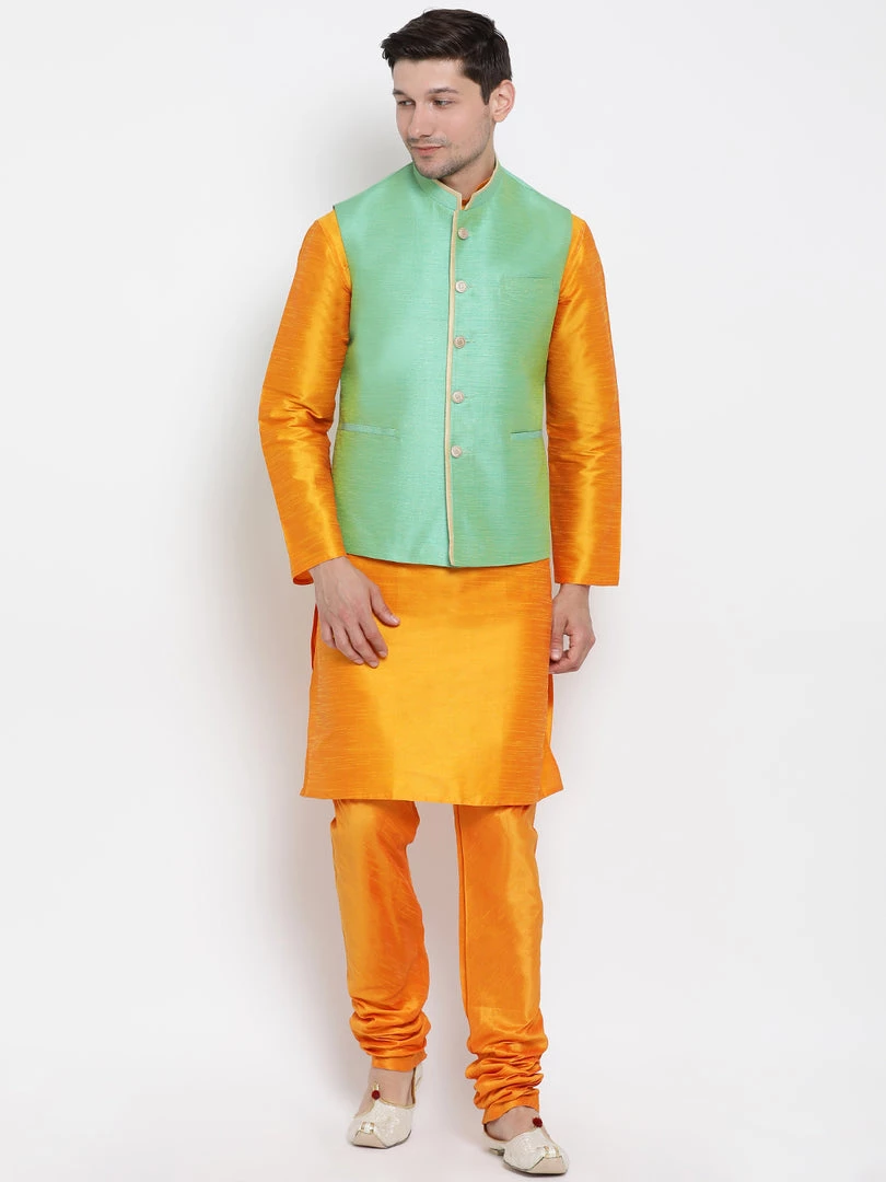 Vastramay Men's Orange Cotton Silk Blend Kurta, Ethnic Jacket And Pyjama Set 3 Vastramay Men's Orange Cotton Silk Blend Kurta, Ethnic Jacket And Pyjama Set