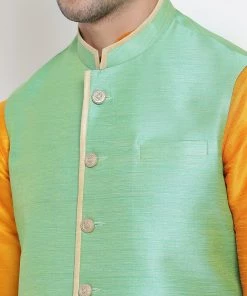 Vastramay Men's Orange Cotton Silk Blend Kurta, Ethnic Jacket And Pyjama Set 10 Vastramay Men's Orange Cotton Silk Blend Kurta, Ethnic Jacket And Pyjama Set