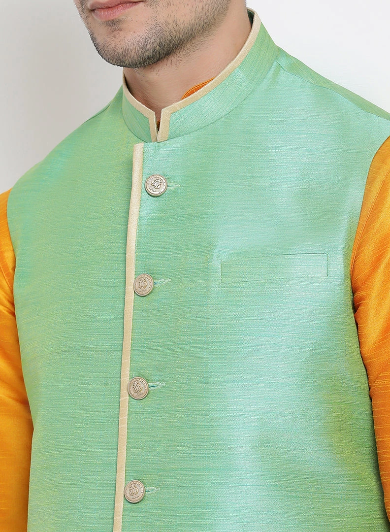 Vastramay Men's Orange Cotton Silk Blend Kurta, Ethnic Jacket And Pyjama Set 5 Vastramay Men's Orange Cotton Silk Blend Kurta, Ethnic Jacket And Pyjama Set