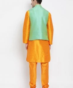 Vastramay Men's Orange Cotton Silk Blend Kurta, Ethnic Jacket And Pyjama Set 11 Vastramay Men's Orange Cotton Silk Blend Kurta, Ethnic Jacket And Pyjama Set
