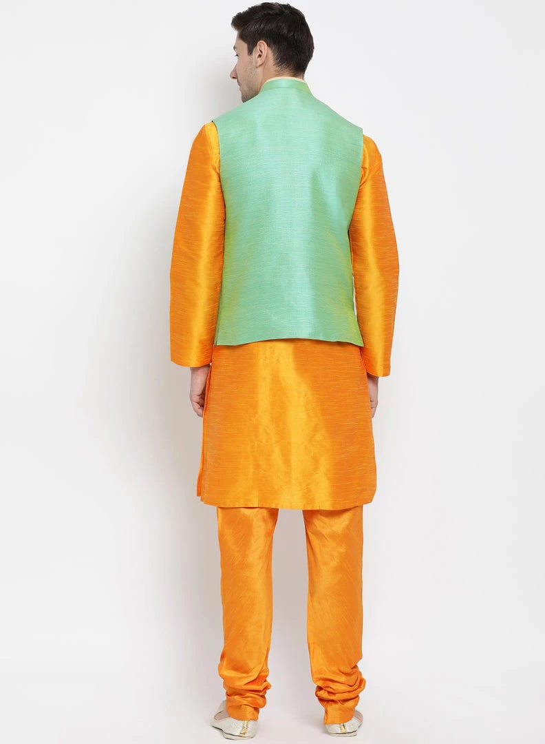 Vastramay Men's Orange Cotton Silk Blend Kurta, Ethnic Jacket And Pyjama Set 6 Vastramay Men's Orange Cotton Silk Blend Kurta, Ethnic Jacket And Pyjama Set