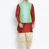 Vastramay Men's Maroon Cotton Silk Blend Ethnic Jacket, Kurta And Dhoti Pant Set