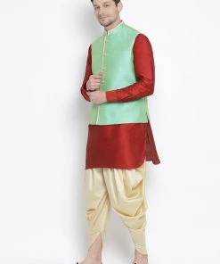 Vastramay Men's Maroon Cotton Silk Blend Ethnic Jacket, Kurta And Dhoti Pant Set