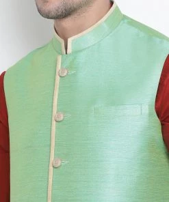 Vastramay Men's Maroon Cotton Silk Blend Ethnic Jacket, Kurta And Dhoti Pant Set