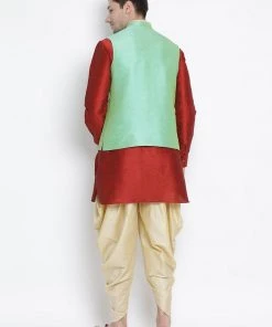 Vastramay Men's Maroon Cotton Silk Blend Ethnic Jacket, Kurta And Dhoti Pant Set