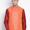 VASTRAMAY Men's Orange Cotton Silk Blend Ethnic Jacket