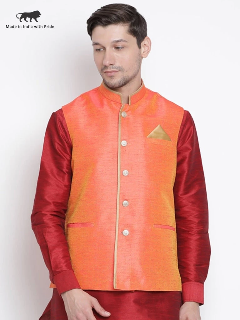 VASTRAMAY Men's Orange Cotton Silk Blend Ethnic Jacket 3 VASTRAMAY Men's Orange Cotton Silk Blend Ethnic Jacket