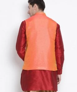 VASTRAMAY Men's Orange Cotton Silk Blend Ethnic Jacket 11 VASTRAMAY Men's Orange Cotton Silk Blend Ethnic Jacket