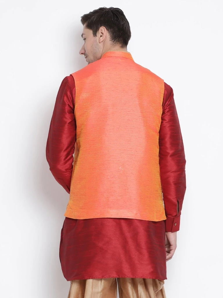 VASTRAMAY Men's Orange Cotton Silk Blend Ethnic Jacket 6 VASTRAMAY Men's Orange Cotton Silk Blend Ethnic Jacket