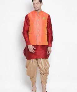 VASTRAMAY Men's Orange Cotton Silk Blend Ethnic Jacket 12 VASTRAMAY Men's Orange Cotton Silk Blend Ethnic Jacket