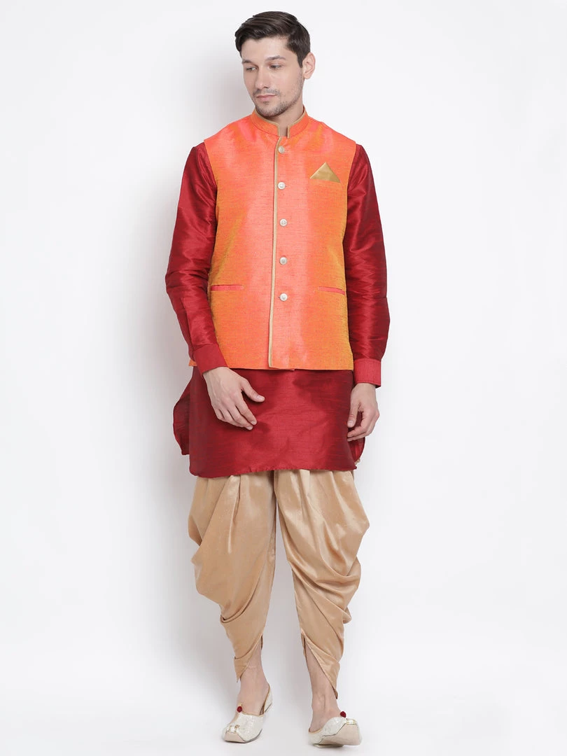 VASTRAMAY Men's Orange Cotton Silk Blend Ethnic Jacket 7 VASTRAMAY Men's Orange Cotton Silk Blend Ethnic Jacket