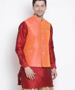 VASTRAMAY Men's Orange Cotton Silk Blend Ethnic Jacket