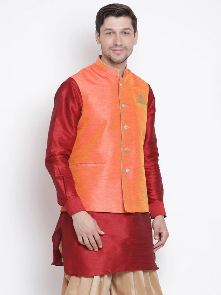 VASTRAMAY Men's Orange Cotton Silk Blend Ethnic Jacket 4 VASTRAMAY Men's Orange Cotton Silk Blend Ethnic Jacket
