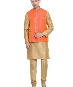 Vastramay Men's Gold Cotton Silk Blend Kurta, Ethnic Jacket And Pyjama Set