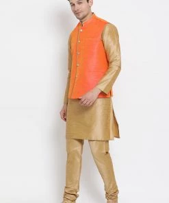 Vastramay Men's Gold Cotton Silk Blend Kurta, Ethnic Jacket And Pyjama Set