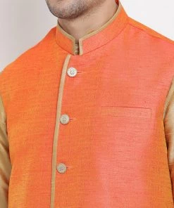 Vastramay Men's Gold Cotton Silk Blend Kurta, Ethnic Jacket And Pyjama Set 10 Vastramay Men's Gold Cotton Silk Blend Kurta, Ethnic Jacket And Pyjama Set