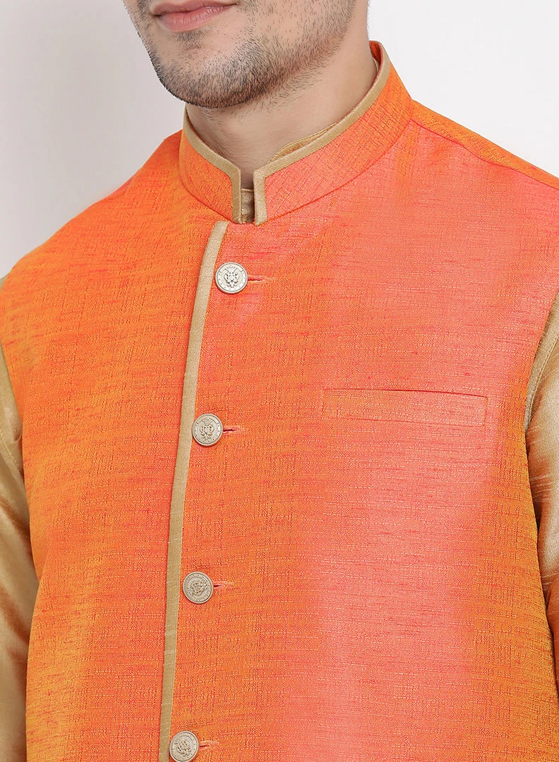 Vastramay Men's Gold Cotton Silk Blend Kurta, Ethnic Jacket And Pyjama Set 5 Vastramay Men's Gold Cotton Silk Blend Kurta, Ethnic Jacket And Pyjama Set