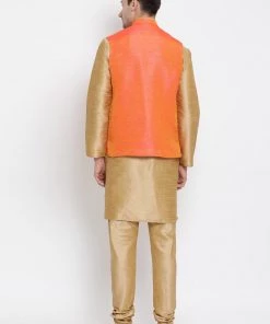 Vastramay Men's Gold Cotton Silk Blend Kurta, Ethnic Jacket And Pyjama Set 11 Vastramay Men's Gold Cotton Silk Blend Kurta, Ethnic Jacket And Pyjama Set