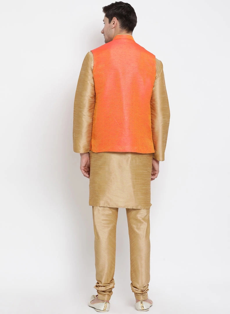 Vastramay Men's Gold Cotton Silk Blend Kurta, Ethnic Jacket And Pyjama Set 6 Vastramay Men's Gold Cotton Silk Blend Kurta, Ethnic Jacket And Pyjama Set